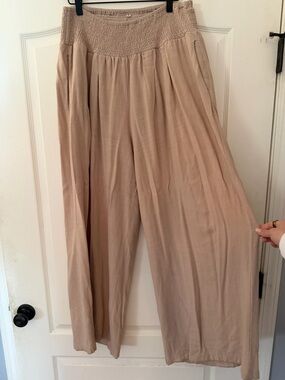 Wide Leg Smocked Waist Pants - Beige